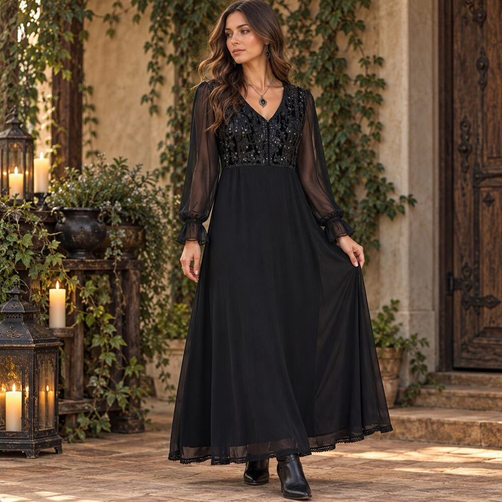 The Pyramid Collection Dress 14 Black Sequin Velvet Maxi Gothic Witch Whimsigoth